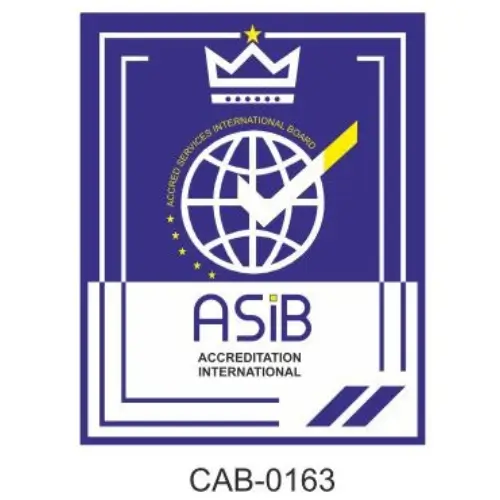 asib-accreditation-international-logo Accreditation International (ASIB) logo and stamp with a crown, globe, and checkmark, identifying a CAB-0163 certification for a UAE-based equipment supplier.