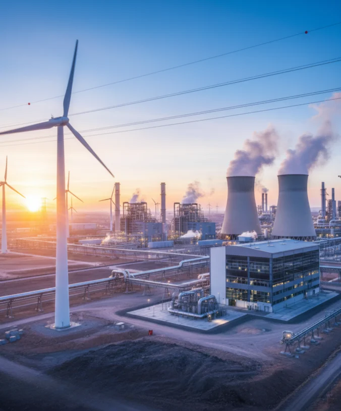 energy-industrial-sector-complex High-angle view of a diverse energy facility at sunset, combining wind turbines with a traditional power plant and industrial cooling towers.