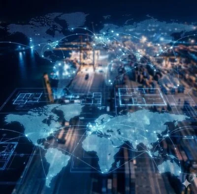 global-logistics-digital-overlay A glowing digital world map and blueprint overlay superimposed on a blurred nighttime view of an industrial port.