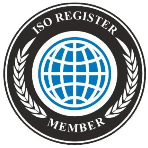 iso-register-member-seal Circular ISO Register Member logo with a central blue globe and surrounding laurel wreaths, signifying membership for a UAE-based equipment supplier.