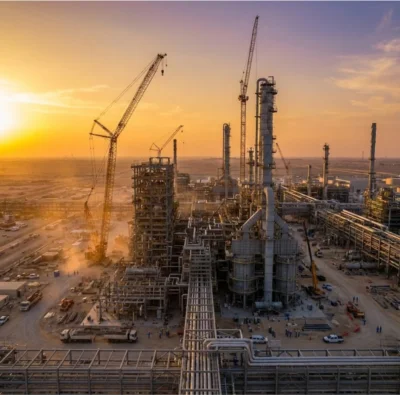petrochemical-refinery-construction Wide-angle view of an expansive industrial refinery at sunset, featuring tall towers, extensive piping, and active construction cranes.